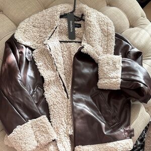 Luxurious Brown Faux Leather Teddy Jacket with Cream Sherpa